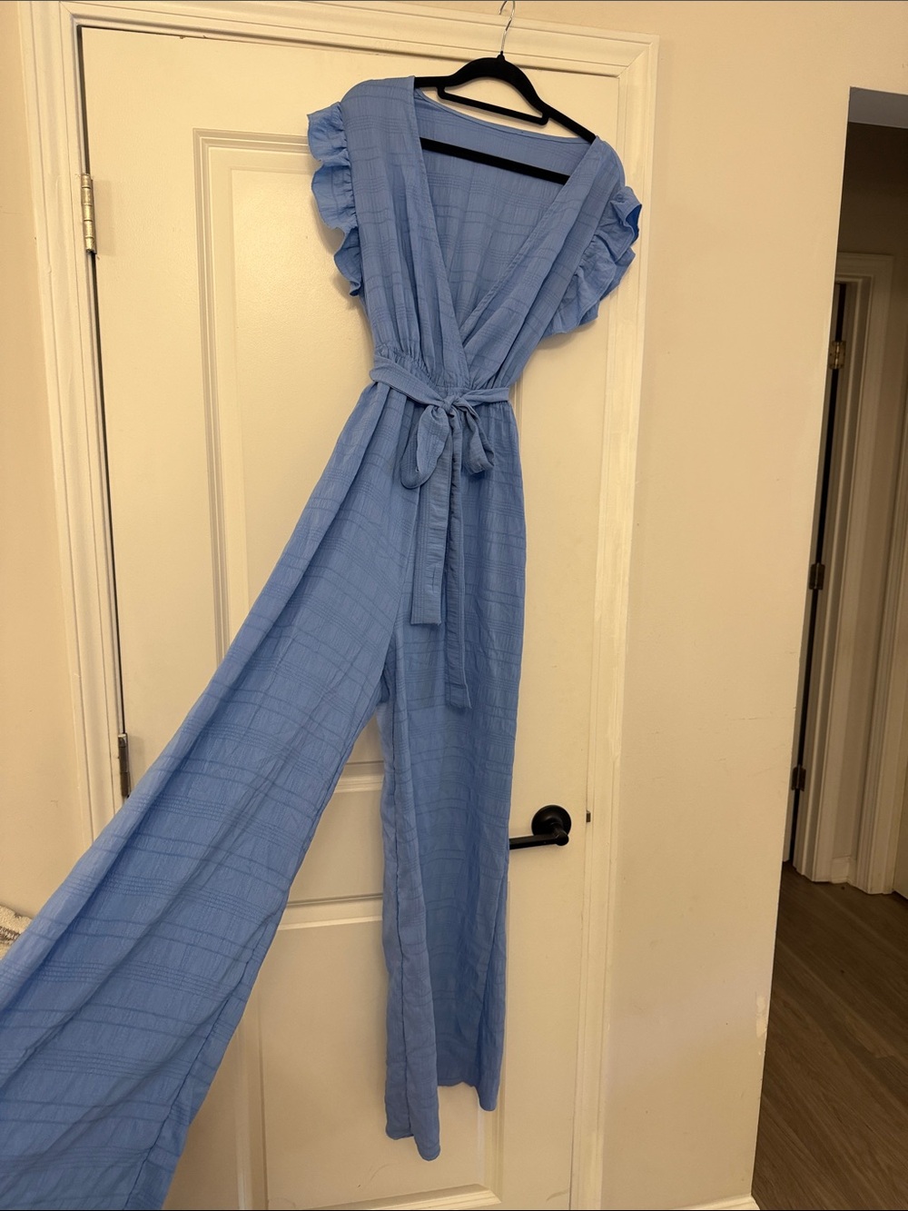 Light Blue V-Neck Wide-Leg Jumpsuit with Tie Waist